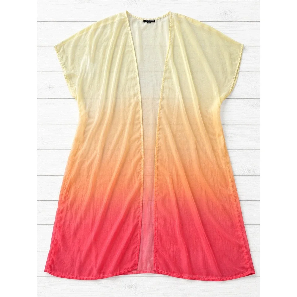 Fashion Nova Womens Ombre Sheer Kimono Cover Up Yellow Orange Pink XL Longline